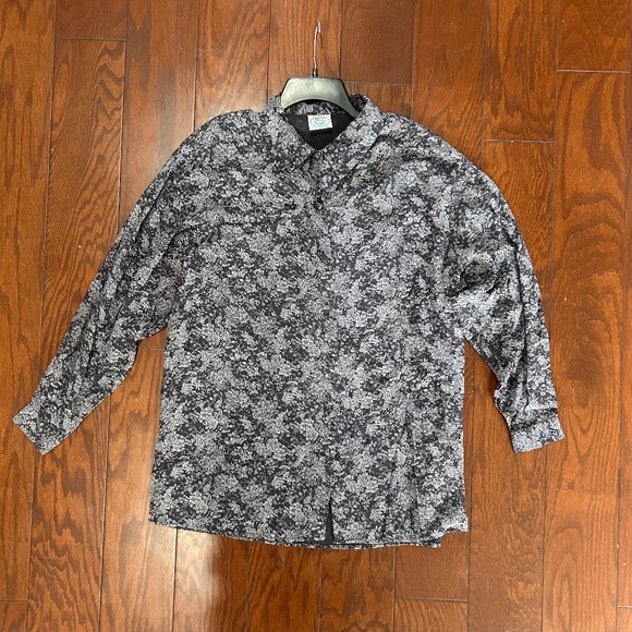Vintage Laura Ashley Button-Up Shirt Floral Print Grey Black Feminine Office - Picture 1 of 7